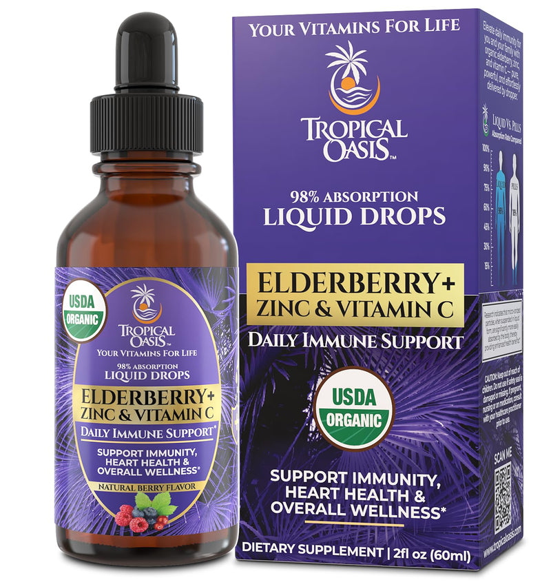 Tropical Oasis USDA Organic Elderberry Liquid Drops with Vitamin C & Zinc | Immune Support for Adults & Kids | Antioxidant | Sugar Free | Vegan | Non-GMO | 2 Fl Oz Elderberry Adults