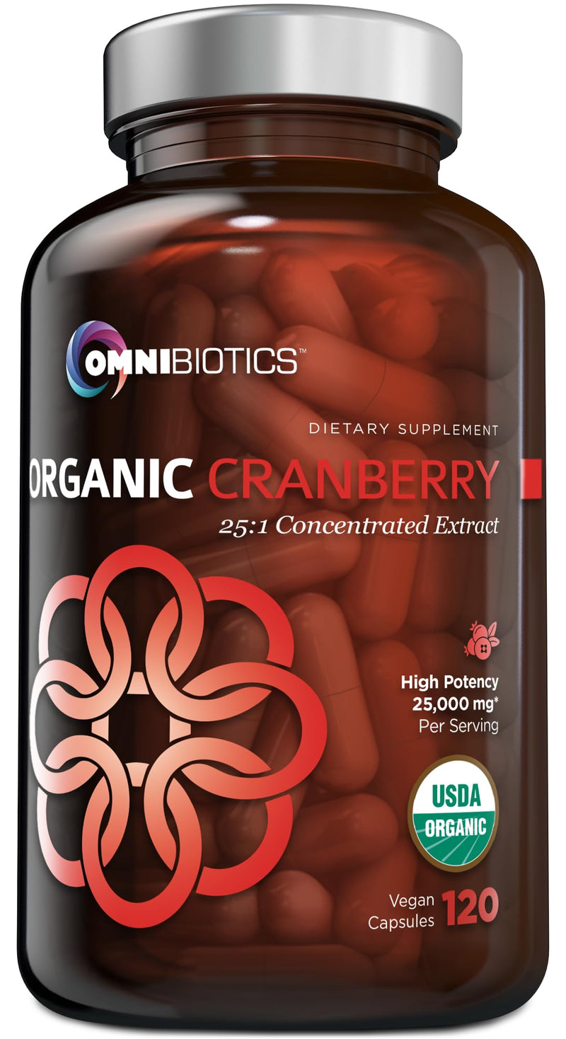 OmniBiotics USDA Organic Cranberry Pills for Women - High Potency 25,000 mg Supplement with 25:1 Fruit Extract - Daily Urinary Tract Support - 120 Vegan Capsules