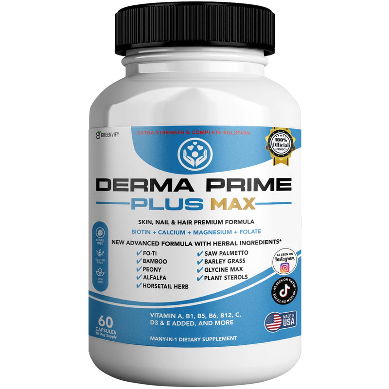 Derma Prime Plus Max Hair Skin Nail Supplement, 60 Capsules, with Biotin 5000mcg, Vitamins, Minerals, Herbal Blend (1) 1