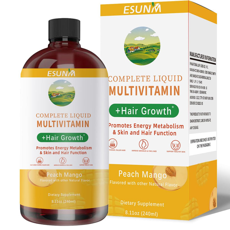 ESUNM Complete Liquid Multivitamin + Hair Growth, Promotes Energy Metabolism& Skin and Hair Function| Vitamin C D | B Vitamins | Help to Thicker Hair, Wrinkles, Fine Lines, Skin Care 8.11 Fl Oz (Pack of 1)