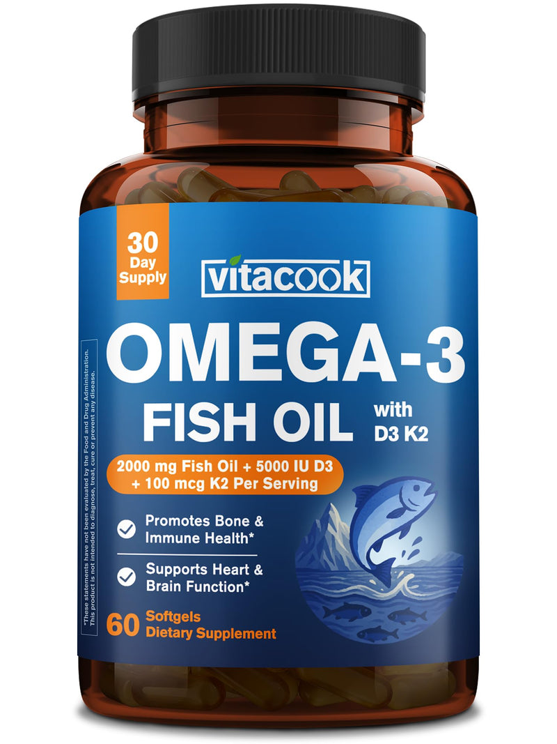 Omega 3 Fish Oil 2000mg, with Vitamins D3 & K2 (MK-7), Omega 3 Fatty Acid Supplements 1100mg, EPA, DHA, from Fresh, Wild-Caught Fish, Bone, Heart, Brain & Immune Health Support, 60 Softgels | Omega 3 Fatty Acid Supplements 1100mg, EPA, DHA, from Fresh,...