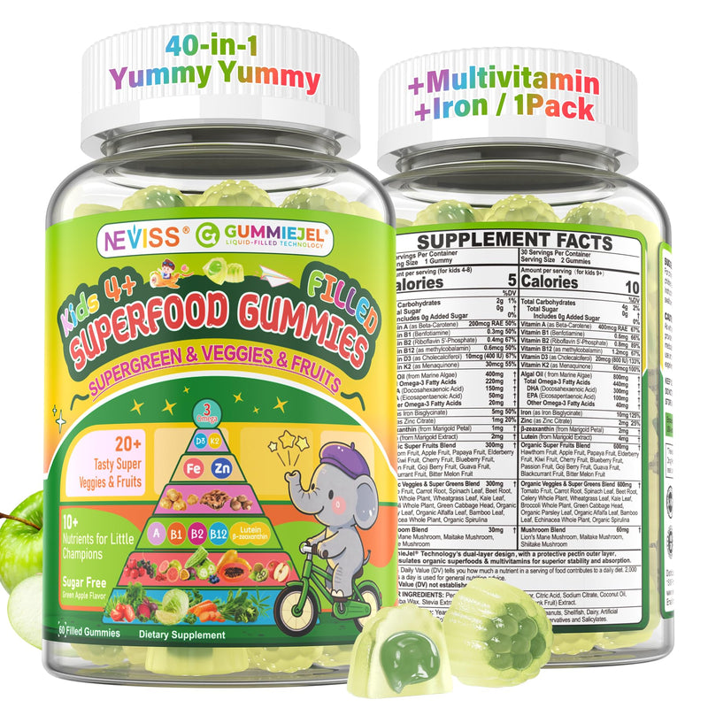 NEVISS Kids Teens Ages 4–17 Multivitamin with Iron Omega3 D3K2, Picky Eater Vitamin Super Greens Gummies, Boys Girls Organic Fruits Veggies Superfood Gummy, Mushroom | Immune Bone Brain, Sugar Free