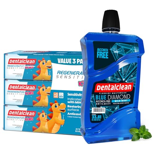 Dentalclean Pack of 3 Kids Gel Toothpastes with MIH Support (Tutti-Frutti Natural) – Enamel Regeneration & Sensitivity Relief, 3.7 oz + Alcohol-Free Mouthwash 33.8 Fl Oz (Blue Diamond Mint)