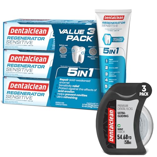 Dentalclean Pack of 3 Regenerating Tooth Gel, 3.7 oz 104g + 3 White Strip Dental Floss 50m (Mint, Plaque Removal)