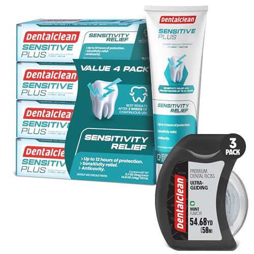 Dentalclean 3 White Strip Dental Floss 50m (Mint Flavor, Plaque Removal & Fresh Breath) + Pack of 4 Toothpaste Gel (Sensitivity Relief, Mild Mint Flavor, Enamel Protection, 3.7 oz)