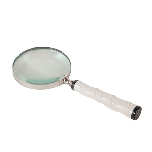 10X Magnifying Glass Lens with Nickle Finish & Carved White Resin Handle – Large Handheld Magnifying Glass for Reading, Vintage, Big Magnifying Reader (White)
