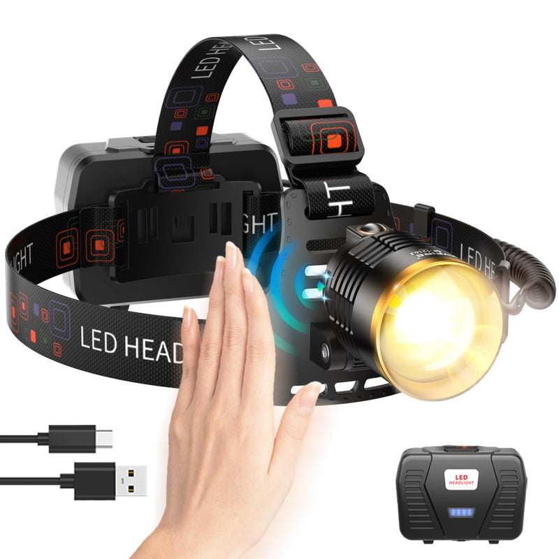 SKYFIRE Headlamp Rechargeable 3000 High Lumens, 13 Mode LED 7500mAh Head Light with Motion Sensor, Zoomable 90° Adjustable Waterproof Head Light for Adults, Camping, Hiking, Fishing, Running, Cycling Black and Gold