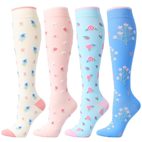 LEVSOX Compression Socks Women and Men, 20-30mmHg, Best for Nurses, Travel, Pregnancy Small 4 Pairs Flower