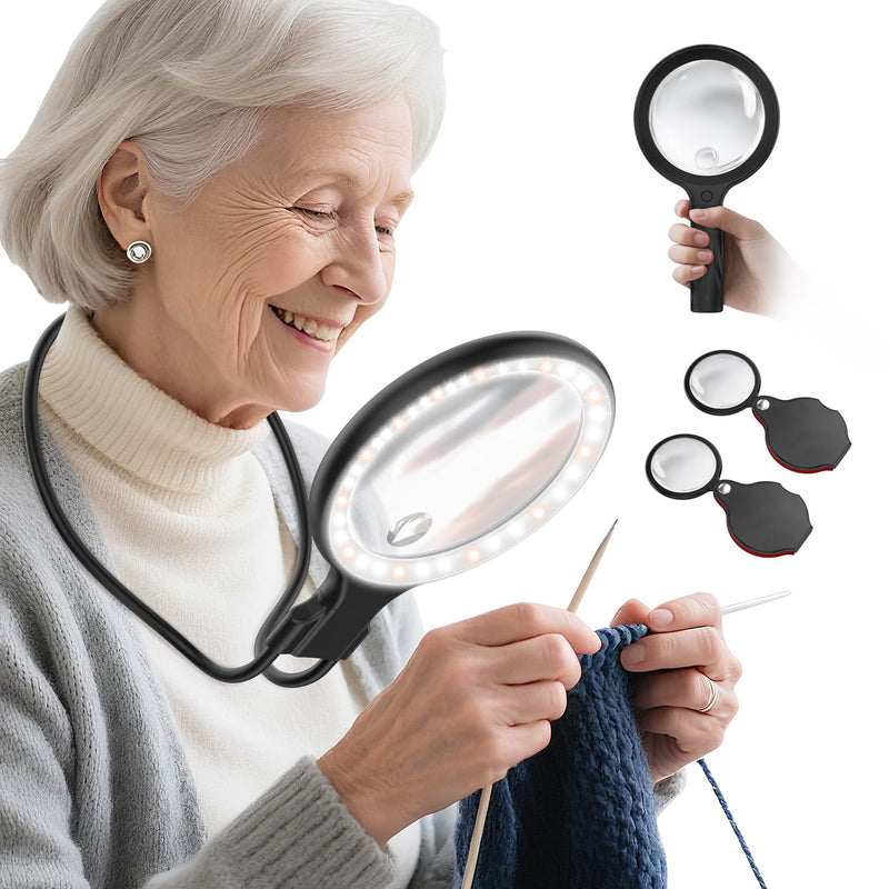 Neck Wear Magnifying Glass with Light for Close Work, 5.5 Inch 5X Handheld Lighted Magnifier for Reading Books, Included 2PCS Upgrade 10X Small Magnify Glasses with Protective Sheath