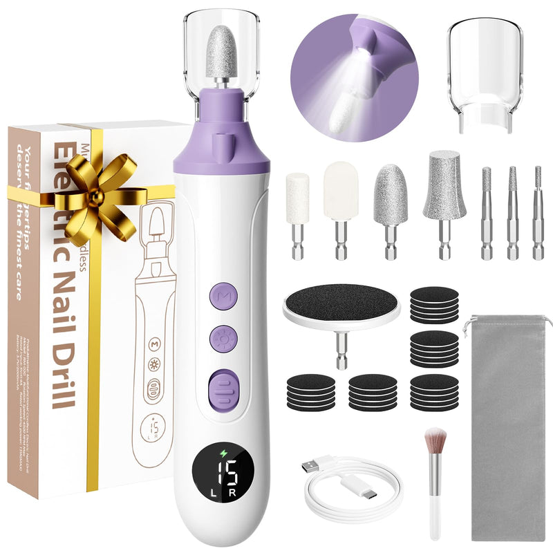 Professional Manicure Pedicure Kit, Cordless Electric Nail File with LCD & Lamp, Rechargeable Toenail Grinder for Thick Toenails, Portable Nail Dremel Tools for Women & Men Baby Pets White Purple - BeesActive Australia