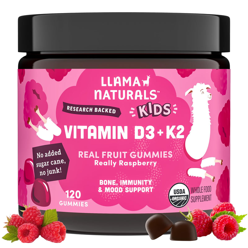 Llama Naturals Vitamin D3 K2 Gummies for Kids, Vegan, Organic, Children Toddler Vitamin D Gummies, Real Fruit Gummy Vitamins, No Added Sugar Cane, Raspberry, 120 Ct 120 Count (Pack of 1)