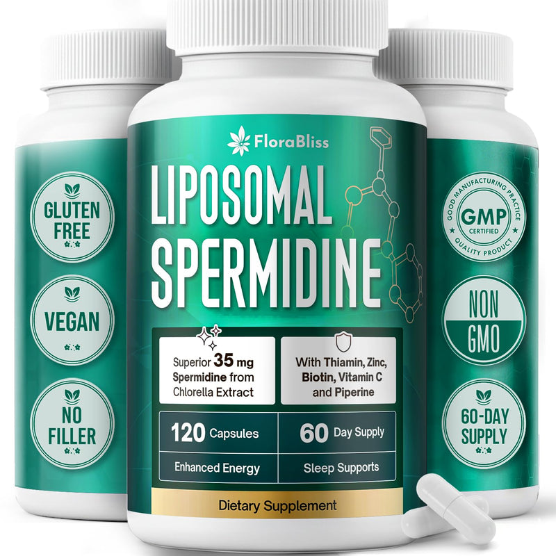 FloraBliss 35mg Liposomal Spermidine with Thiamin, Zinc, Biotin, Vitamin C | Spermidine from Chlorella. 60-Day Supply. 120 Capsules