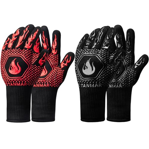 BBQ Grill Gloves, 1472°F Extreme Heat Resistant Grilling Gloves Non-Slip Oven Mitts Potholder, Perfect for Barbecue, Cooking, Baking, Fireplace, Smoker - 2 Pair (Red and Black) Flame Red and Black