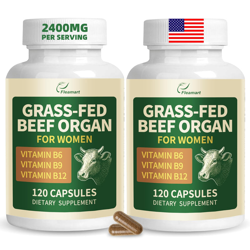 (2 Packs) Beef Organ Supplement for Women with Vitamin B Complex | Female Beef Organ Supplement Complex Capsules Made in USA, 100% Grass Fed, Gluten Free, Non-GMO