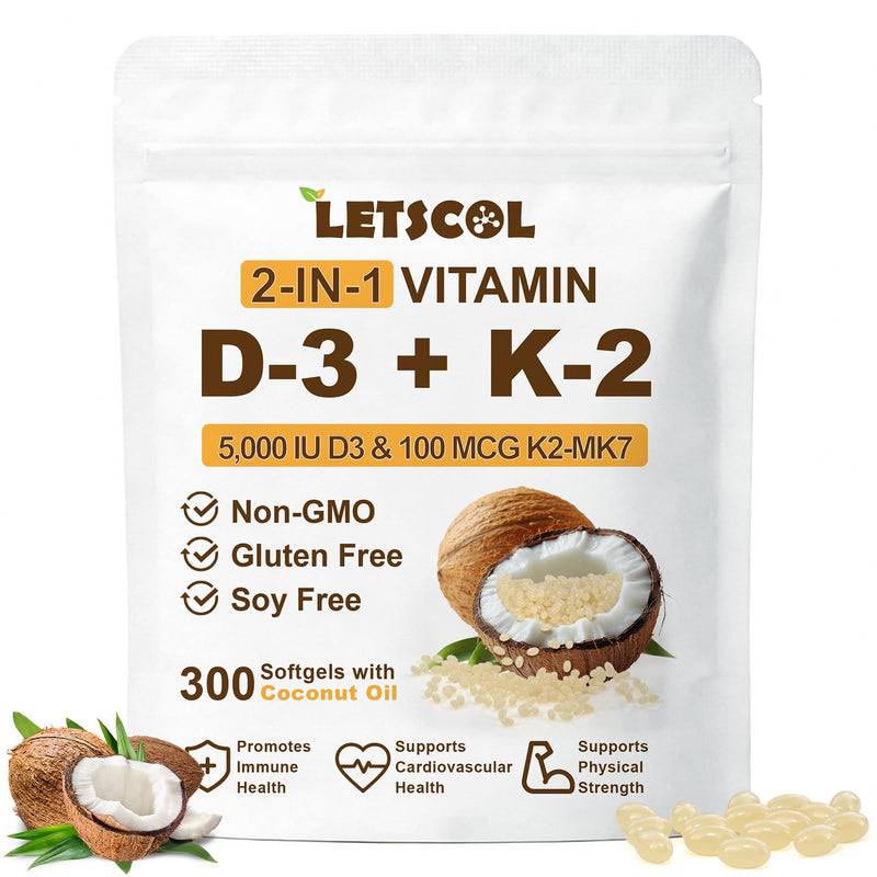 2-in-1 Vitamin D3 K2 Supplement Softgel, Vitamin D3 5000 IU and Vitamin K2 100 mcg, K2 MK7 with D3 Vitamin Supplement Support Immune, Heart, Teeth Health 300 Count (Pack of 1) 5,000 IU D3 & 100MCG K2 Softgels