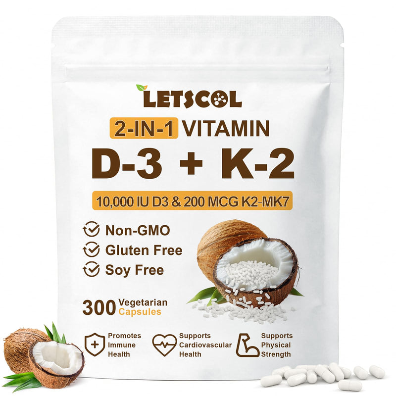 2-in-1 Vitamin D3 K2 Supplement Capsules, Vitamin D3 10000 IU and Vitamin K2 200 mcg, K2 MK7 with D3 Vitamin Supplement Support Immune, Heart, Teeth Health 300 Count (Pack of 1) 10,000 IU D3 & 200MCG K2 Capsules