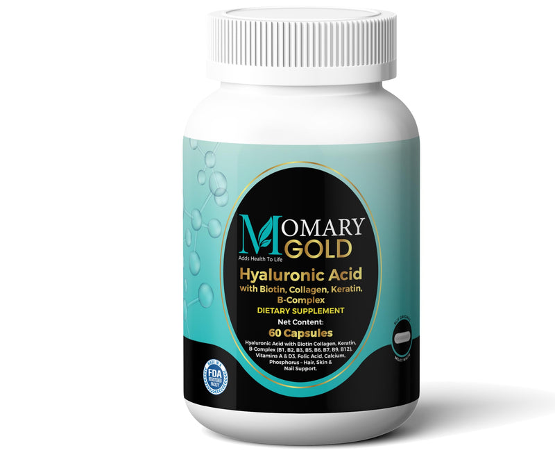 MOMARY Gold Hyaluronic Acid with Biotin, Collagen, Keratin, B-Complex (B1, B2, B3, B5, B6, B7, B9, B12), Vitamins A & D3, Folic Acid, Calcium, Phosphorus – Hair, Skin & Nail Support – 60 Capsules Capsule