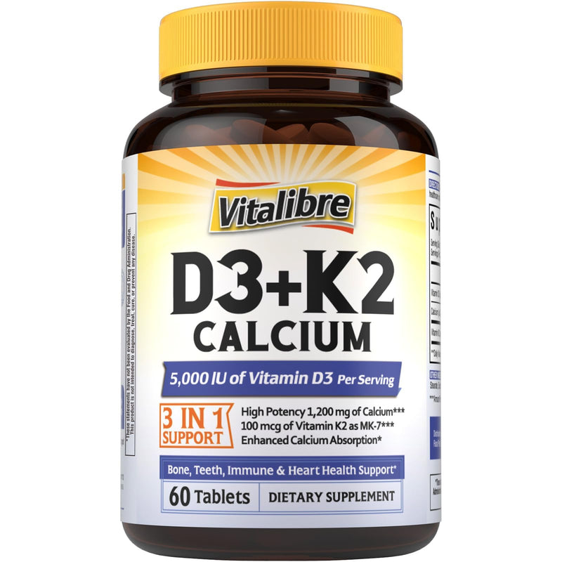 Vitalibre Vitamin D3 K2 + Calcium Supplements for Women & Men, 60 Tablets | Calcium 1200 mg with Vitamin D3 K2 5000 iu, High Absorption for Strong Bones, Teeth, Heart, Immune Health