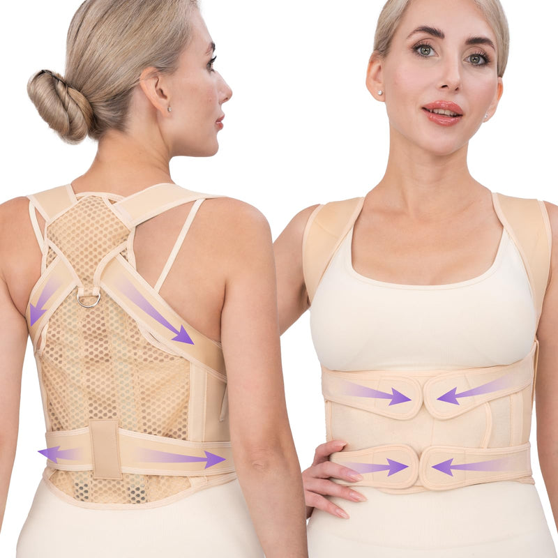 Back Brace Posture Corrector for Women & Men, Adjustable Full Back Support, Shoulder Straightener for Upper & Lower Back Pain Relief-Scoliosis, Hunchback, Waist Trainer (Medium, Beige) Medium - BeesActive Australia