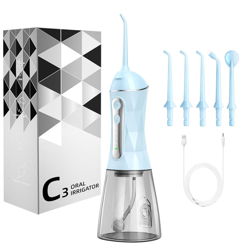 Water Dental Flosser Pick for Teeth Portable Oral Irrigator Rechargeable Travel Irrigation Cleaner 320ML Electric Flossing, IPX8 Waterproof, Waterproof Flossing Cleaning Picks for Home Travel (Blue) Blue