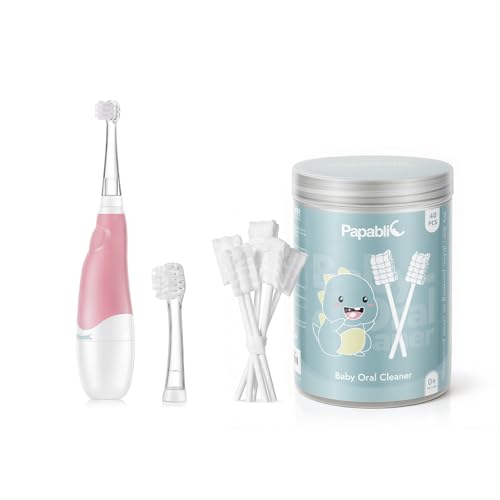 Papablic Baby Oral Care Bundle: Pink Sonic Toothbrush for Teeth (0-3Y) + 40 Disposable Tongue & Gum Cleaners (0-2Y)
