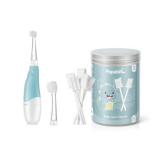 Papablic Baby Oral Care Bundle: Blue Sonic Toothbrush for Teeth (0-3Y) + 40 Disposable Tongue & Gum Cleaners (0-2Y)