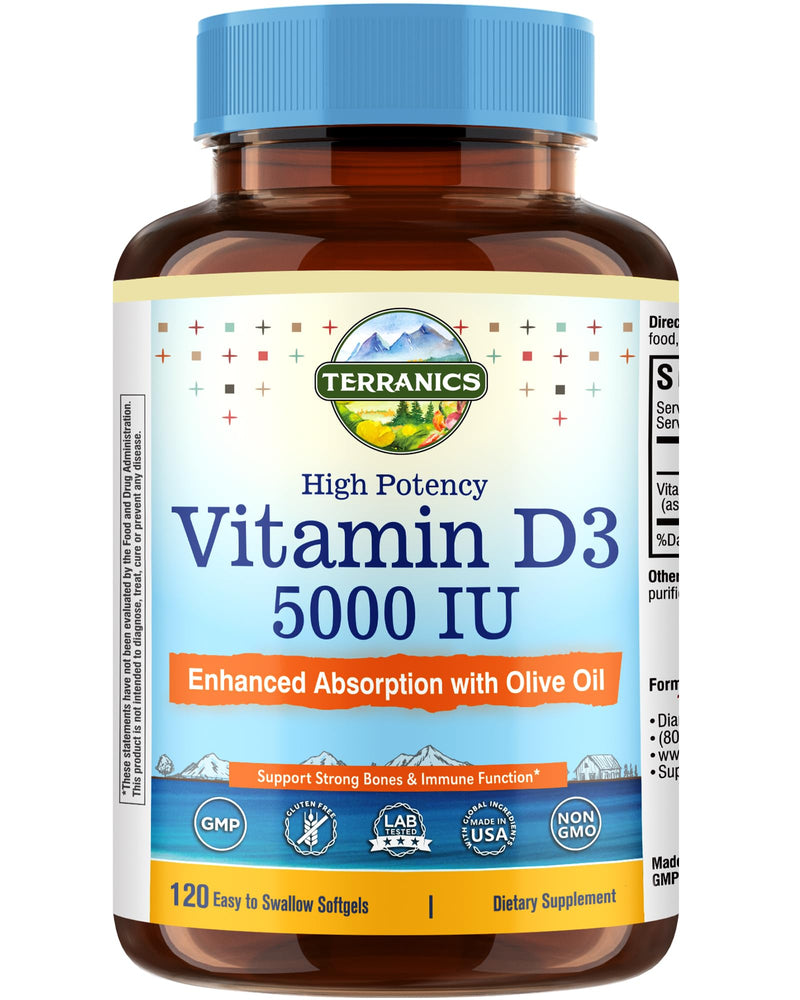 Terranics Vitamin D3 5000IU (125mcg), with Olive Oil, Enhanced Absorption, Non-GMO, No Gluten or Soy, Bone Health, Immune Support, 120 Mini Softgels