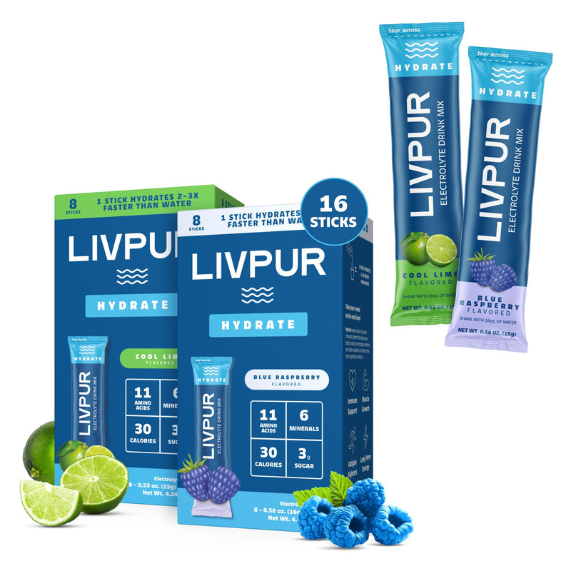 LIVPUR Electrolyte Hydration Powder, Cool Lime & Blue Raspberry, 16 Sticks | Variety pack with essential amino acids and vitamins C, B6, B12; single-serve instant sports drink mix Best of Both
