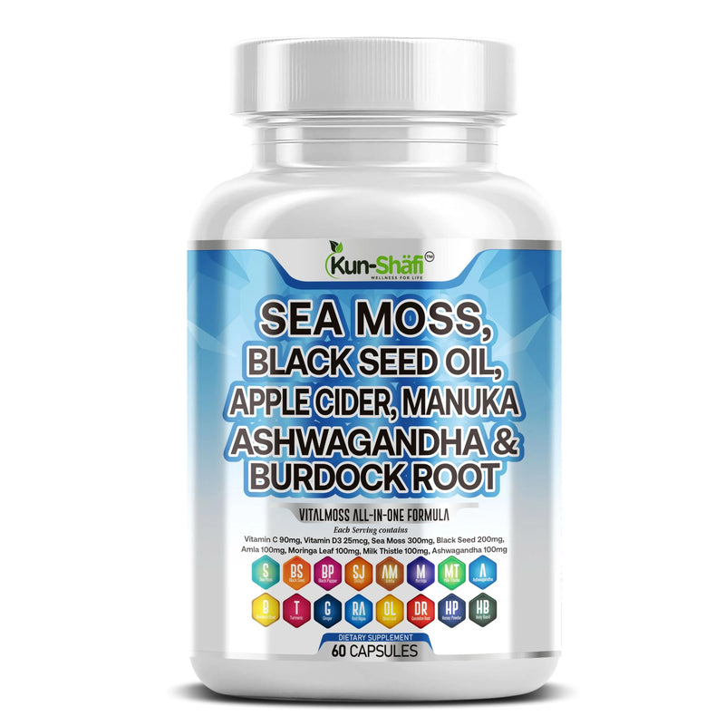 Sea Moss Complex – with Black Seed Oil, Shilajit, Amla, Moringa, Turmeric, Ashwagandha & Burdock – Enriched with Vitamin C, D3, Chlorophyll, Manuka & Ginger – 60 Capsules