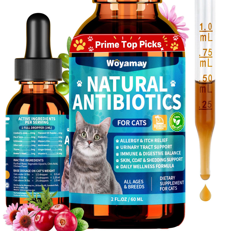 Woyamay Antibiotics for Cats, Natural Antibiotic for Allergy Relief, Urinary Tract Health, Itch Relief & Digestion Care, Cat Allergy Relief for Cats, Cat Immune Support Supplement, 2 Fl Oz Chicken 1 Pack