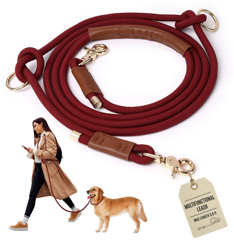 Tails & Tales Hands Free Dog Leash for Walking Running Training, Adjustable Lead Up to 9.8ft, Dogs Up to 125lbs, Crossbody, Dual Handle, Multifunctional, Double Attachment for 2 Dogs (Winery Red) Winery Red - BeesActive Australia