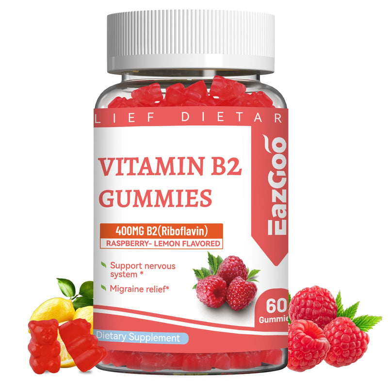 Vitamin B2 Gummies - Riboflavin 400mg Supplement with Magnesium for Adults | B2 Gummies for Migraine Relief* & Nervous System Support* | Vegan, Sugar-Free | Raspberry-Lemon Flavor | 60 Count 60 Count (Pack of 1)