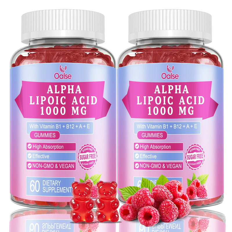 2 Pack Alpha Lipoic Acid Gummies 1000mg with Vitamin B1, ALA Supplement | Sugar Free Chewable Alpha Lipoic Acid 600mg for Energy Support, Raspberry Flavor, 120 Count 60 Count (Pack of 2)