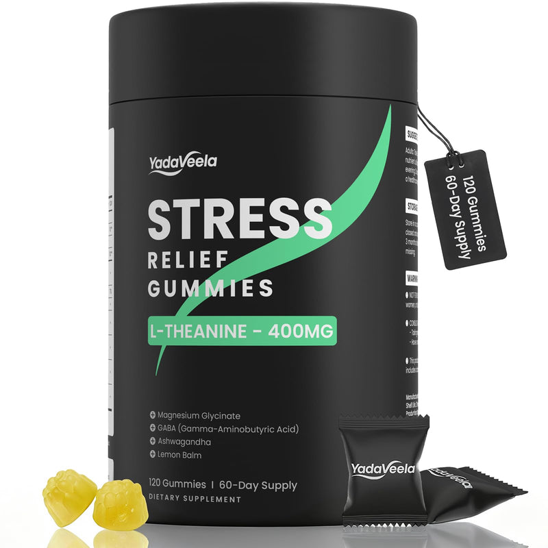 Stress Support Gummies for Kids & Adults, L-Theanine 400mg with Magnesium Glycinate, GABA & Ashwagandha, L Theanine Chewable Supplement for Relaxation, sleep, Calm & Focus, 120 Count, 60 Day Supply