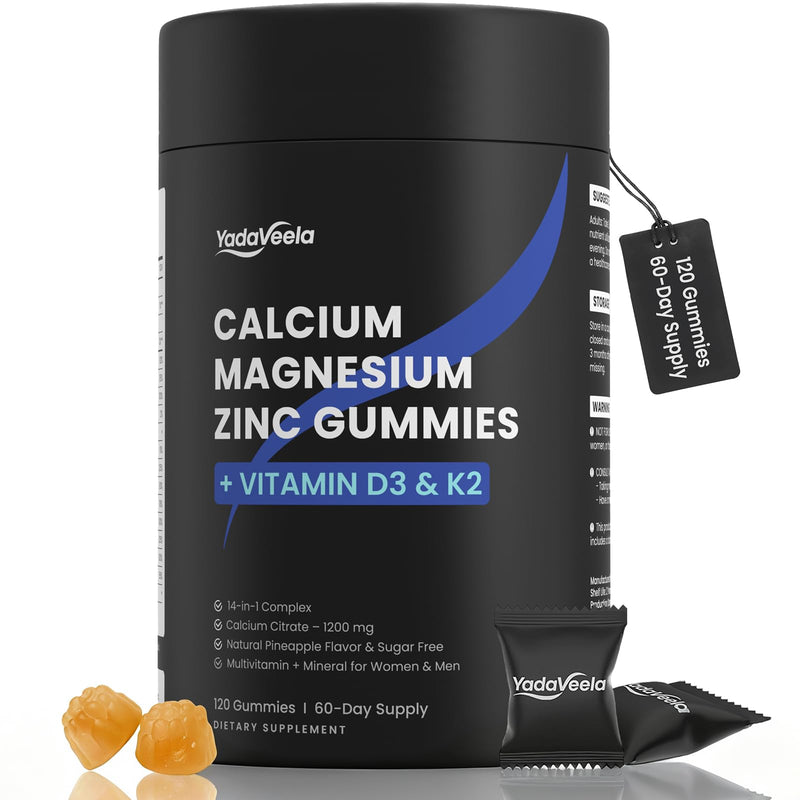 Calcium Magnesium Zinc Gummies Supplements for Women, Calcium Citrate 1200 mg with Vitamin D3 & K2 for Adults, Chewable with Potassium Boron for Bone, Muscle & Immune Support, Sugar Free, Vegan