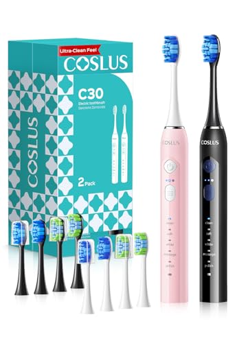 COSLUS C30 Electric Toothbrush for Adults, Effective Yet Gentle Ultra-Clean Black & Pink 2PCS