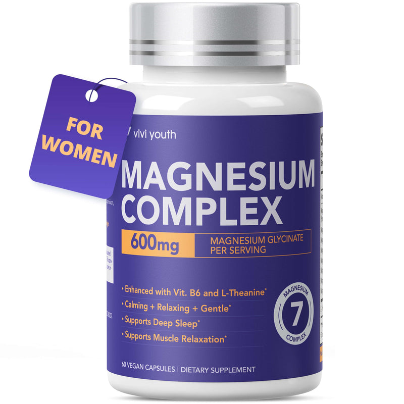Magnesium 7 Complex for Women with 600mg Glycinate, 60 Capsules | 1600mg Blend with L-Theanine and Vitamin B6 for Sleep Support, Relaxation and Muscle Recovery, 30-Day Supply 60 Count (Pack of 1)