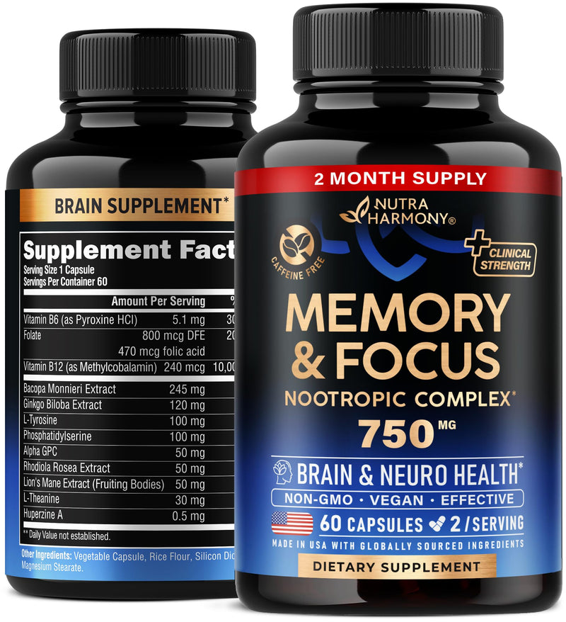 Brain Supplement for Memory & Focus 750 mg - Magnesium | L-Theanine | Bacopa Monnieri | Ginkgo Biloba | Lions Mane - 12in1 Nootropic Complex for Neuro Health - Caffeine-free - Made in USA, 60 Capsules - BeesActive Australia