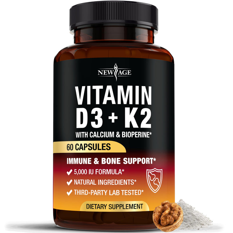NEW AGE Vitamin D3 5,000 IU + K2 MK-7 100 mcg - 2-in-1 Bone, Immune & Heart Support, Easy to Swallow, Non-GMO - 60 Capsules 60 Count (Pack of 1)