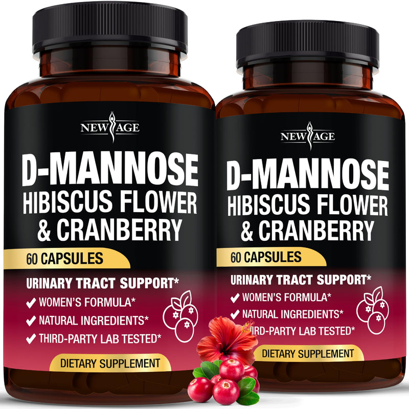 NEW AGE D-Mannose with Cranberry & Hibiscus - High Strength for Urinary Tract Health - Supplement for Women - Bladder, Liver & Microflora Support - Made in USA - Vegan, 120 Capsules 60 Count (Pack of 2) - BeesActive Australia