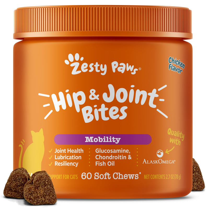 Zesty Paws Hip & Joint Bites for Cats - Glucosamine for Cats - with Chondroitin, Turmeric - Cat Joint Supplement for Hip & Joints - AlaskOmega Fish Oil with Omega-3 Fatty Acids - 60 Count Chicken - Cat 60 Count (Pack of 1)