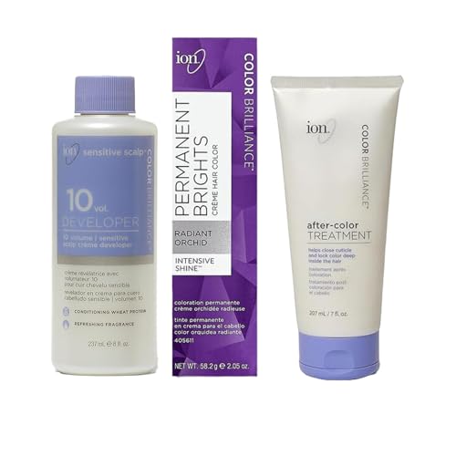 ion Permanent Brights Hair Color Kit: Permanent Brights Creme Hair Color Radiant Orchid (2.05 oz), Sensitive Scalp 10 Volume Creme Developer (8 oz), & After Color Treatment (7 fl oz)