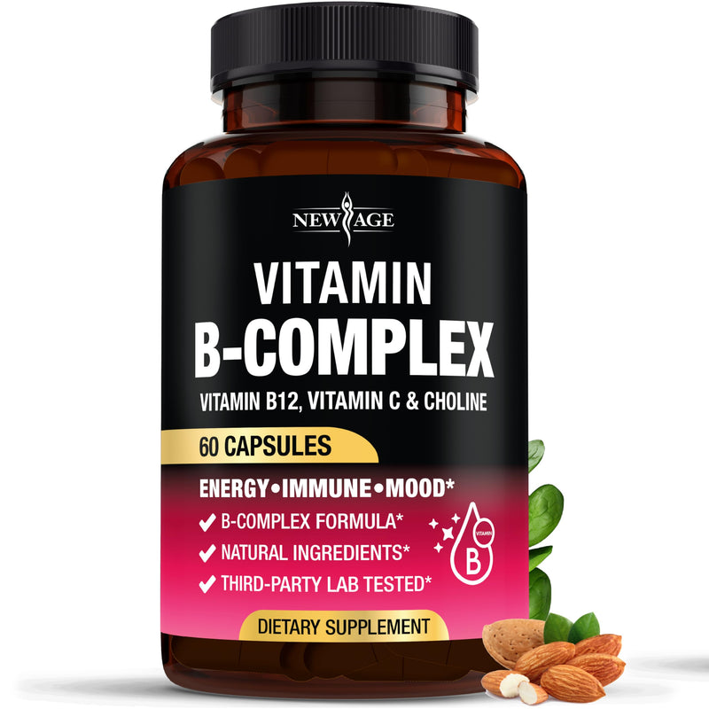 Vitamin B Complex for Men & Women - Made in USA - B-Complex: B1, B2, B3, B5, B6, B7, B8, B9, B12 with Vitamin C, Choline, Inositol - Energy, Brain & Heart Support Supplement - 60 Vegan Capsules 60 Count (Pack of 1)