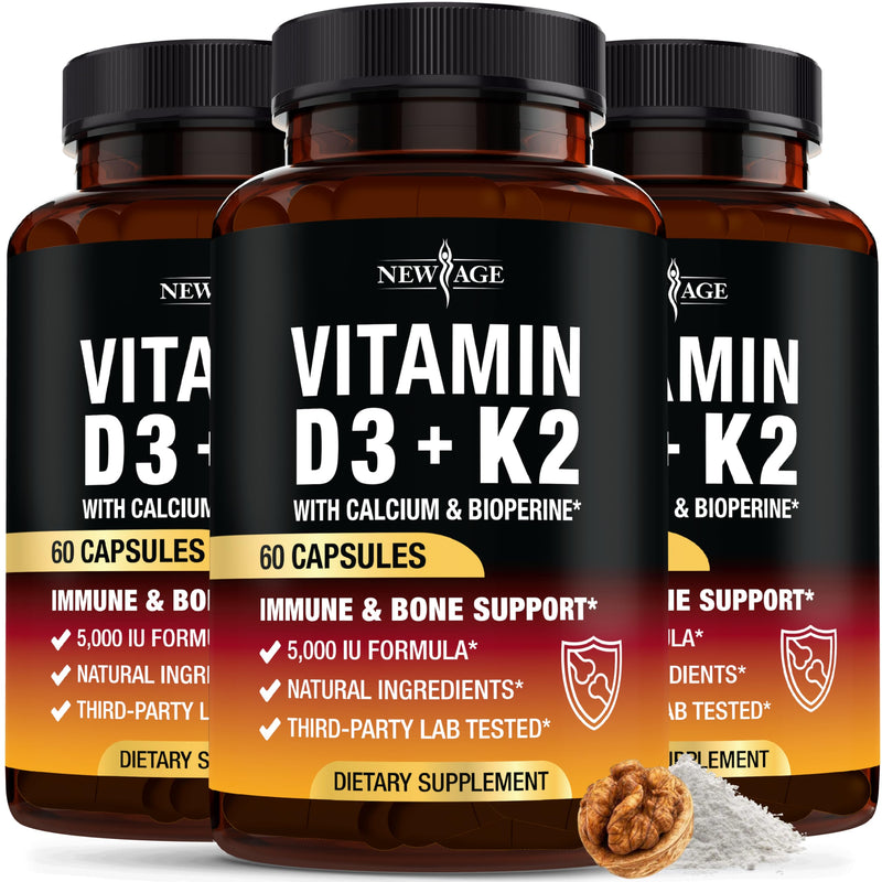 NEW AGE Vitamin D3 5,000 IU + K2 MK-7 100 mcg - 2-in-1 Bone, Immune & Heart Support, Easy to Swallow, Non-GMO - 180 Capsules 60 Count (Pack of 3)