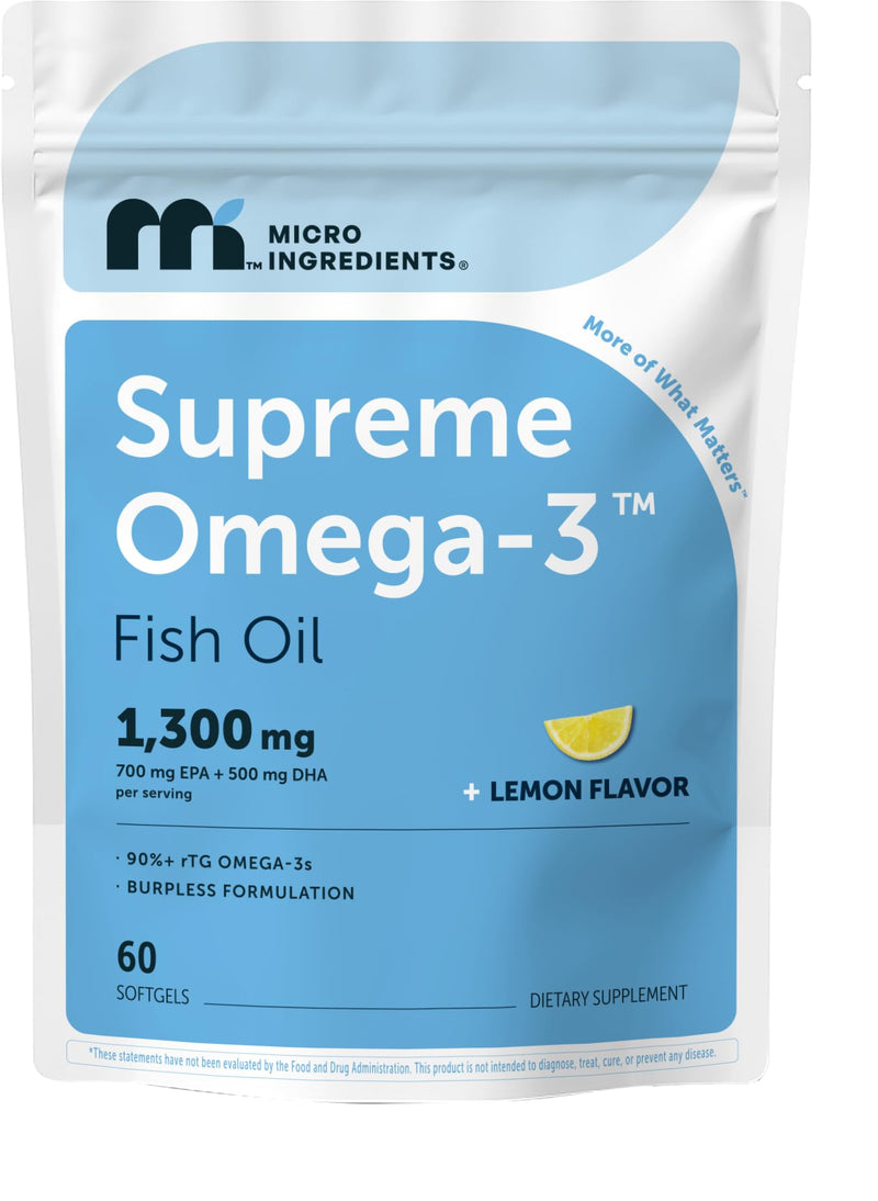 Micro Ingredients Supreme Omega-3 Fish Oil w/Ultra High EPA & DHA, Burpless Softgels | rTG Omega-3 with Vitamin D3 | Wild-Caught Cold Deep-Sea Fish | Lemon Flavor, Easy to Swallow, 60ct 60 Count (Pack of 1)
