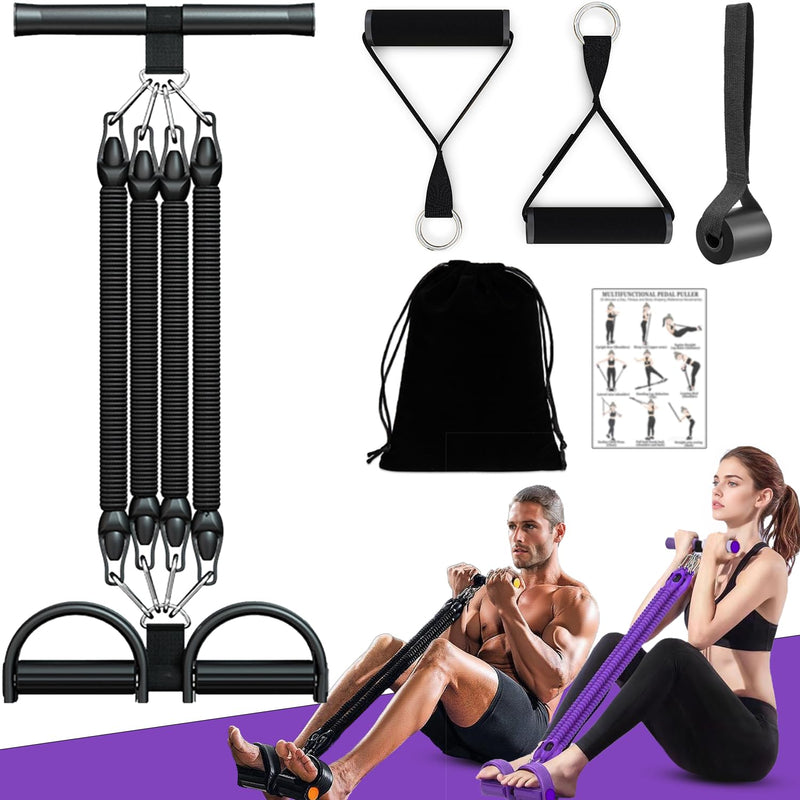 Upgrade Foot Pedal Resistance Band, 100lbs Adjustable 4 Tube Pedal Ankle Puller Resistance Band with Handle, Multifunction Home Gym Equipment, Stirrup Puller for Men Women for Full Body Workout Black 4 Tube