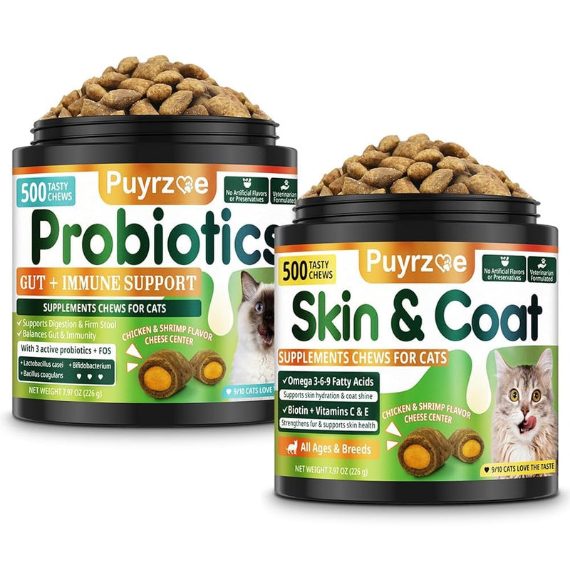 Cat Skin & Coat + Probiotics - 500 Chews Crunchy & Creamy Cheese Core with Omega-3, Vitamins C & E, Biotin for Skin Hydration - Coat Shine, Digestive & Immune Support for All Cats