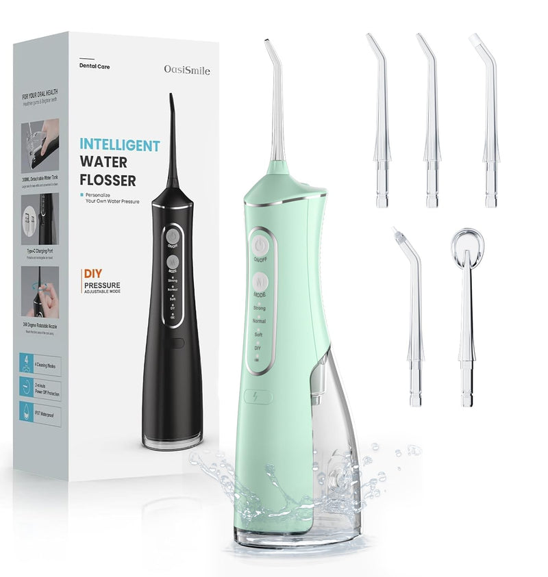 Water Flosser for Teeth Cleaning, 300ML Portable Cordless Oral Irrigator with DIY Strength, 4 Modes, IPX7 Waterproof & 30-Day Battery, 2-Min Smart Timer for Home/Travel Dental Care, Green