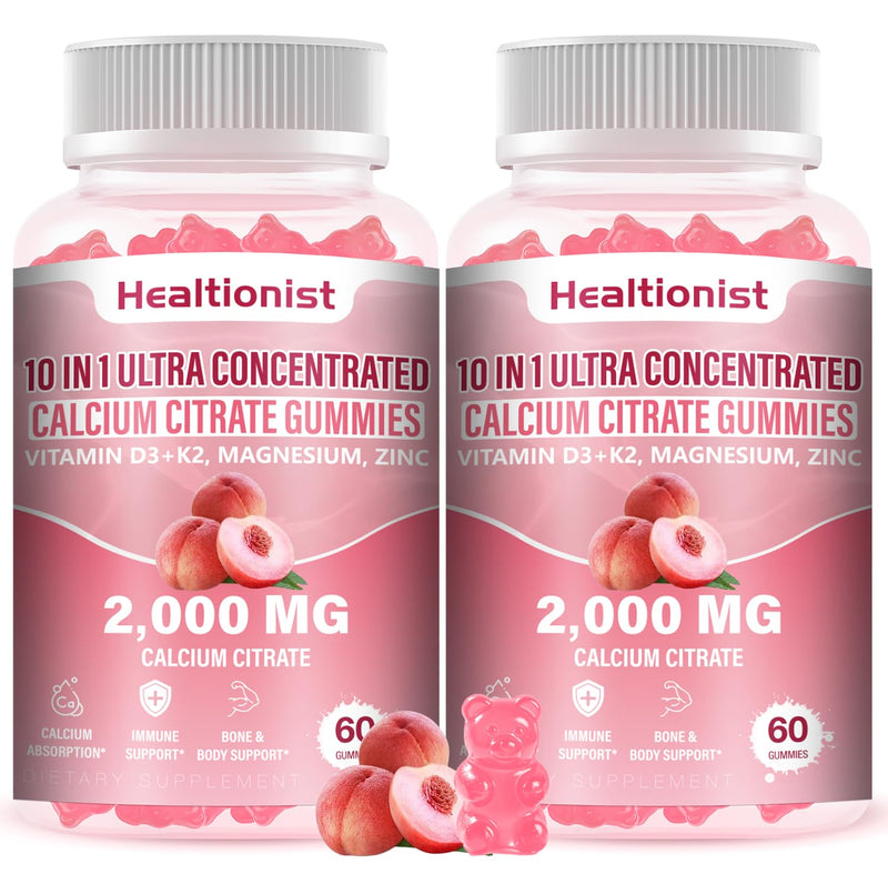 2 Packs 2000mg Calcium Citrate with Vitamin D3 K2 Supplements Gummies for Women & Men, Magnesium, Zinc, High Absorption, Bone, Muscle & Immune Support, 120 Counts Peach Flavor Gummies 60 Count (Pack of 2)
