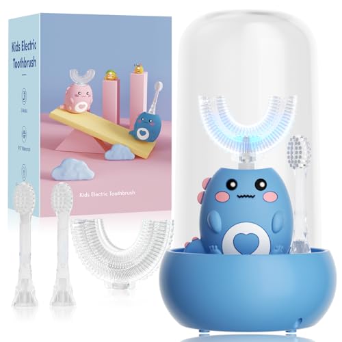 Kids U Shaped Electric Toothbrush, with 3 Cleaning Modes, with 4 Brush Heads, 360° Sonic Automatic Toothbrush, IPX7 Waterproof Cartoon Dinosaur Design (Ages 2-12) Dark Blue+c